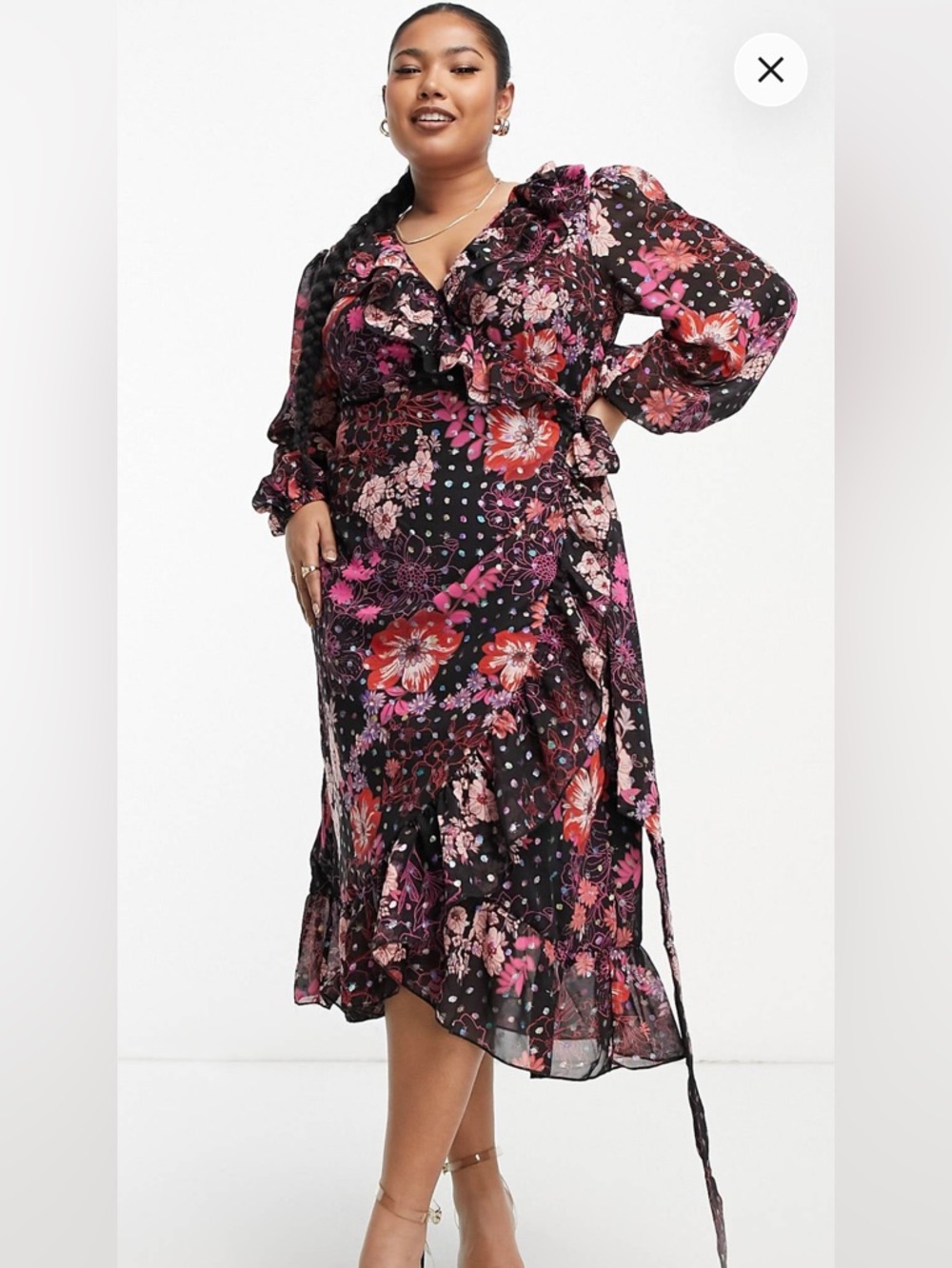 ASOS Simply Be ruffle wrap midi dress in black floral